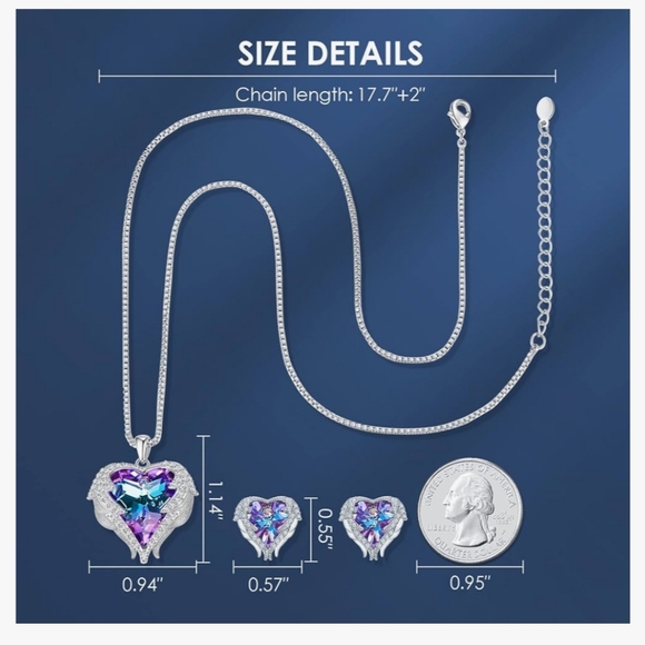 NWOT Angel Wings Heart Pendant Necklace and Earrings - Picture 3 of 9